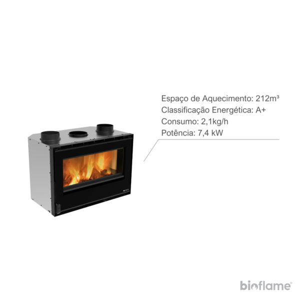 Recuperador de Calor a Lenha com Ventilação - Nordica Extraflame Inserto 80 Crystal Evo 2.0 destacando as informações: Espaço de Aquecimento: 212m³, Classificação Energética: A+, Consumo: 2,1kg/h e Potência: 7,4 kW