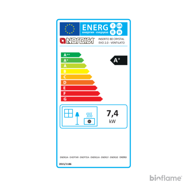 Foto da classificação energética A+ do Recuperador de Calor a Lenha com Ventilação - Nordica Extraflame Inserto 80 Crystal Evo 2.0