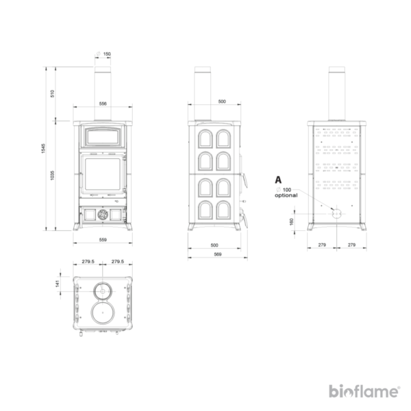 Desenho técnico da Salamandra a Lenha Nordica Extraflame Concita 2.0