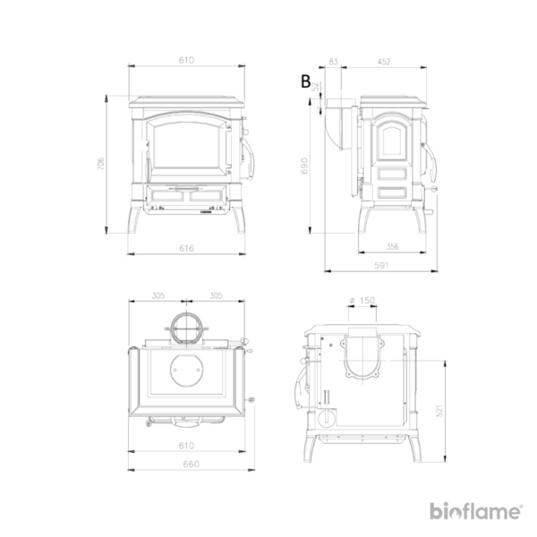 Desenho técnico da Salamandra a Lenha - Nordica Extraflame Isetta Evo 4.0 com todas as dimensões