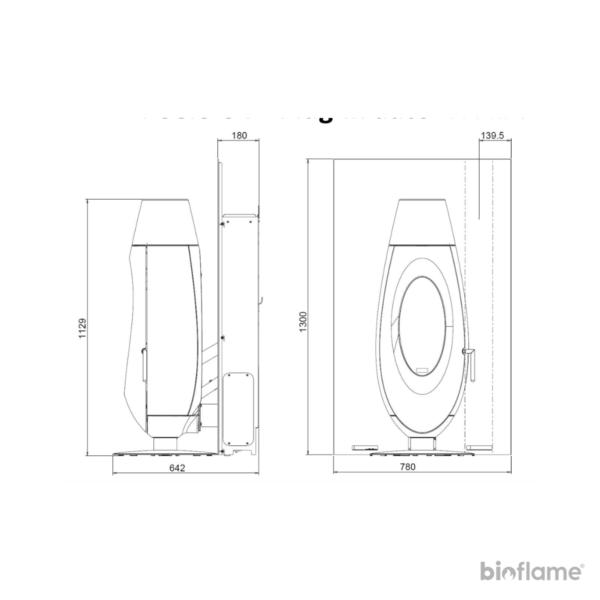 Desenho técnico com todas as dimensões da salamandra a pellets Invicta Ove Plug in Auto.