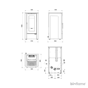 Desenho técnico com todas as dimensões da Salamandra a Pellets com Ventilação Nordica Extraflame Dahiana VFS