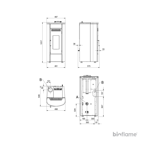 Desenho técnico com todas as dimensões da Salamandra a Pellets com Ventilação Nordica Extraflame Klaudia