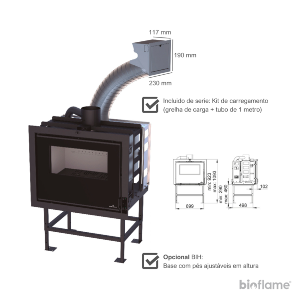 Recuperador de Calor a Lenha ou Pellets - Bronpi Insert Hybrid com Kit de Carregamento e Base Ajustável