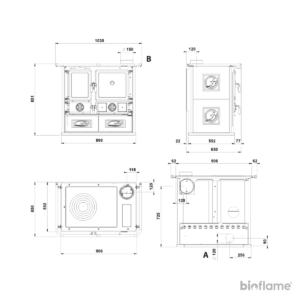 Desenho técnico do Fogão a Lenha - Nordica Extraflame Rosa 5.0 - Cerâmica com dimensões e detalhes de instalação.