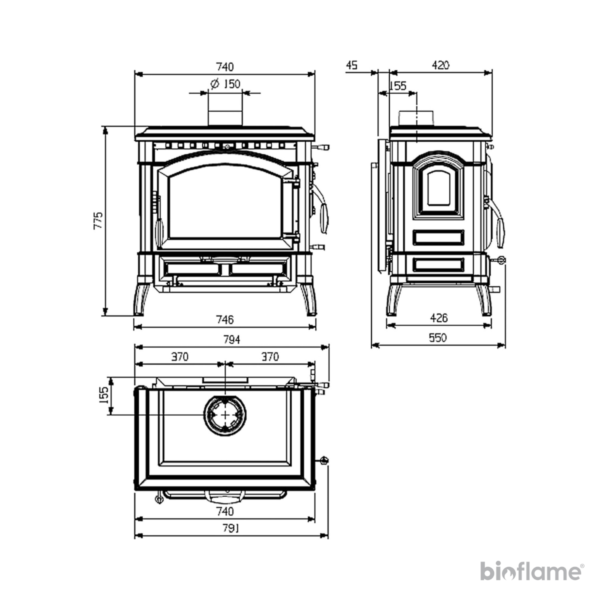 Desenho técnico da Salamandra a Lenha - Nordica Extraflame Isotta Evo