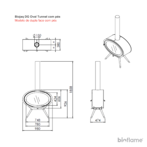Desenho técnico da Lareira a lenha suspensa - Biojaq DG Oval Tunnel Dupla Face modelo com pés.