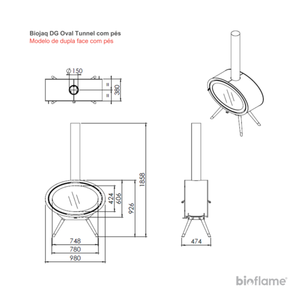Desenho técnico da Lareira a lenha suspensa - Biojaq DG Oval Tunnel Dupla Face modelo com pés.