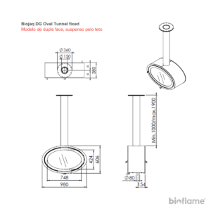Desenho técnico da Lareira a lenha suspensa - Biojaq DG Oval Tunnel Dupla Face modelo fixed.