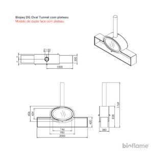 Desenho técnico da Lareira a lenha suspensa - Biojaq DG Oval Tunnel Dupla Face modelo plateau.