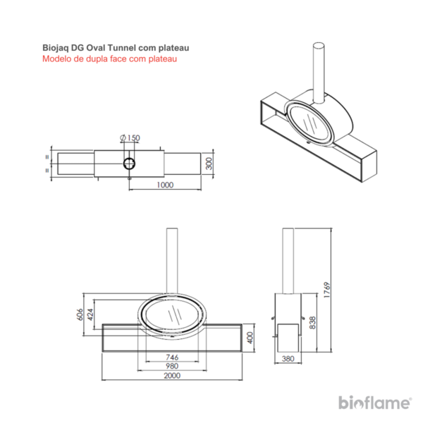 Desenho técnico da Lareira a lenha suspensa - Biojaq DG Oval Tunnel Dupla Face modelo plateau.