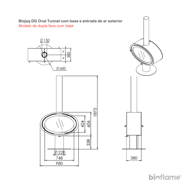 Desenho técnico da Lareira a lenha suspensa - Biojaq DG Oval Tunnel Dupla Face modelo base.