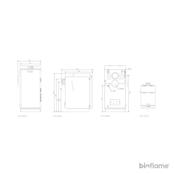 Desenho técnico da Caldeira para Aquecimento Central a Lenha de Chama Invertida – Tek Biomasse W com dimensões detalhadas.