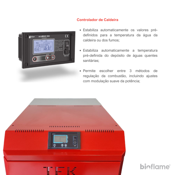 Display controlador da Caldeira para Aquecimento Central a Lenha de Chama Invertida – Tek Biomasse W para gestão de funções.