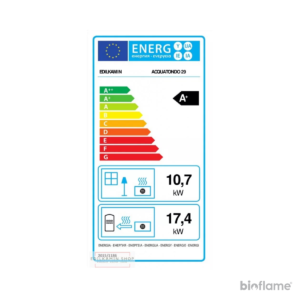 Recuperador de Calor Edilkamin Acquatondo 29 com classe energética A+, ideal para aquecimento central sustentável.