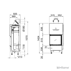 Desenho técnico do Recuperador de Calor para aquecimento Central a Lenha - Spartherm Varia 2L-55h H₂O com vidro frontal e lateral esquerdo