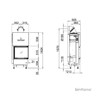 Desenho técnico do Recuperador de Calor Spartherm Varia 2L-55h H₂O com vidro frontal e lateral direito.