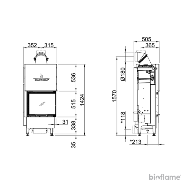 Desenho técnico do Recuperador de Calor Spartherm Varia 2L-55h H₂O com vidro frontal e lateral direito.