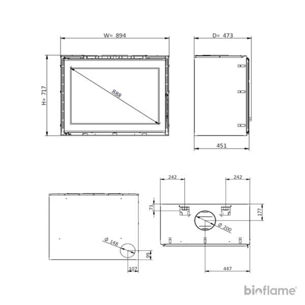 Desenho técnico do Recuperador de Calor a Lenha Canalizável – Solzaima Iaco Vitro Eco 90