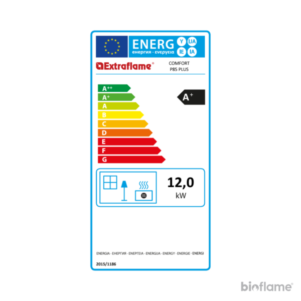 Classe energética A+ do Recuperador de Calor a Pellets Canalizável – Nordica Extraflame Comfort P85 Plus, assegurando eficiência energética superior.