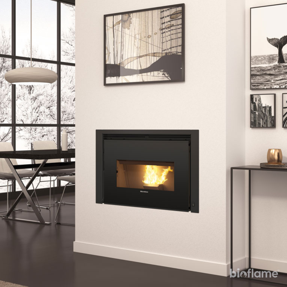 Recuperador de Calor a Pellets Canalizável – Nordica Extraflame Comfort P85 Plus instalado numa sala de estar moderna e aconchegante.