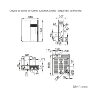 Desenho técnico com opções de saídas de fumos da Salamandra a Pellets Canalizável - Biobronpi Adry