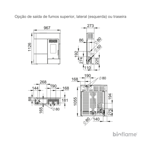 Desenho técnico da Salamandra a Pellets Canalizável Biobronpi Clara, detalhando dimensões e especificações.