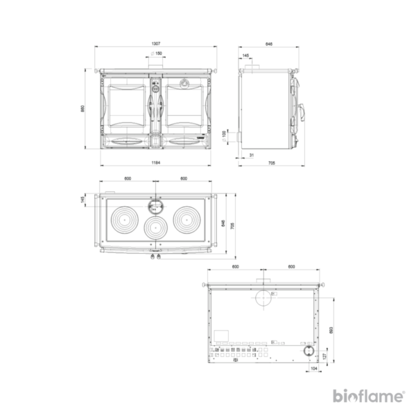 Desenho técnico do Fogão a Lenha em Ferro Fundido – Nordica Extraflame Alaska com medidas detalhadas.