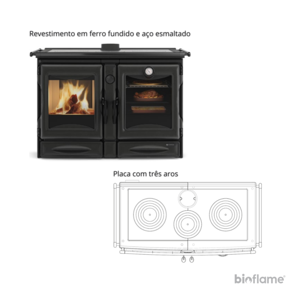 Visão frontal do Fogão a Lenha em Ferro Fundido – Nordica Extraflame Alaska, evidenciando o design.