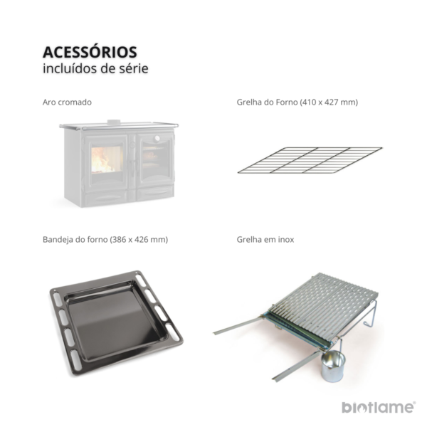 Conjunto de acessórios padrão do Fogão a Lenha em Ferro Fundido – Nordica Extraflame Alaska.