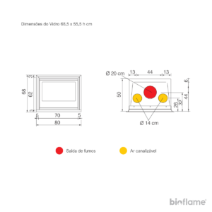 Desenho técnico detalhado do Recuperador de Calor a Lenha Canalizável – Edilkamin Firebox Luce Plus 62, com medidas e especificações.