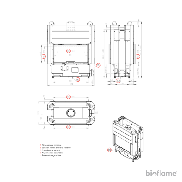 Desenho técnico detalhado do Recuperador de Calor a Lenha Dupla Face – Romotop H3LF 04, mostrando todas as especificações.